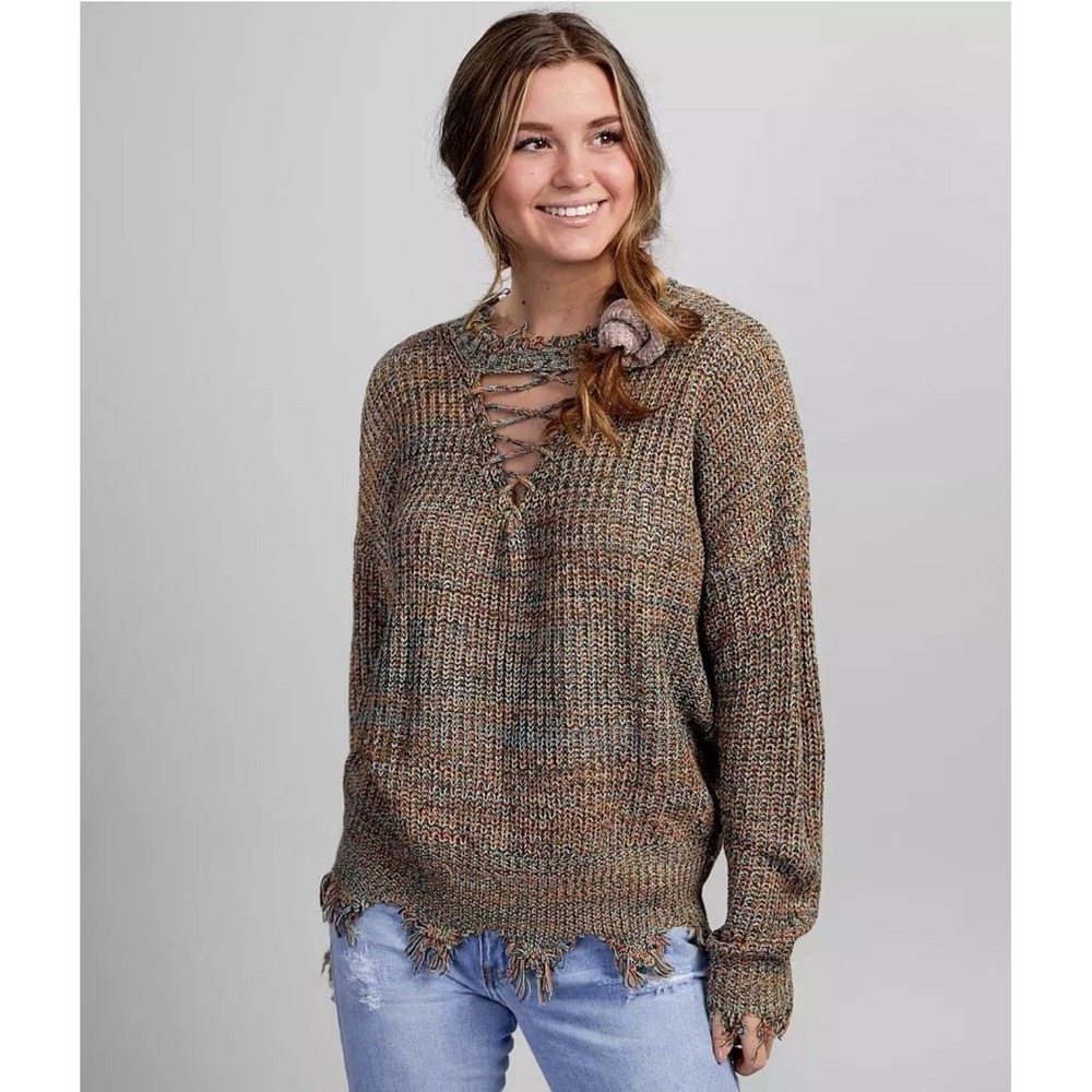 Daytrip Buckle Distressed Sweater Small S Black Gray Marled Lace Up Grunge Boho